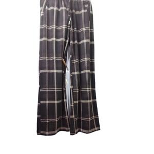 Single Thread Womens Wide Leg Plaid Pants Elastic Drawstring Windowpane Brown M